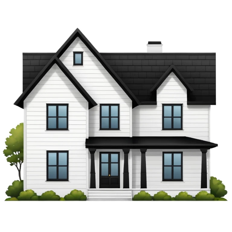 modern farmhouse with white siding, black roof and black trim, exterior view emoji