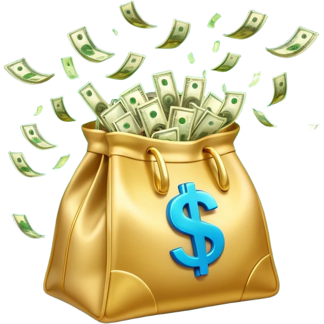 

3D emoji style, big bag of money, flying dollar bills, rich casino vibe, smooth lighting, high detail, clean edges, transparent background



 emoji