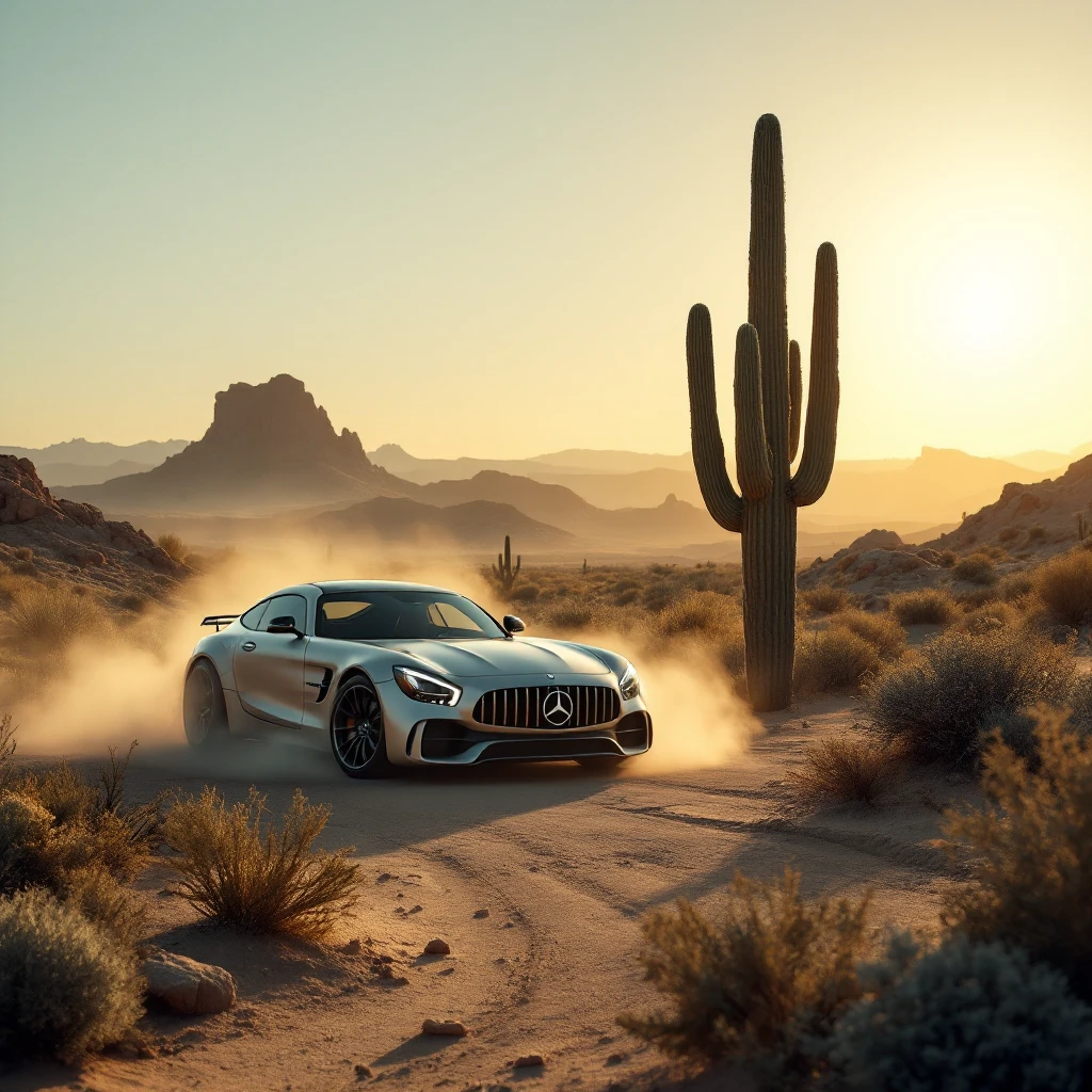 mercedes amg on desert next to cactus faun, cinematic emoji