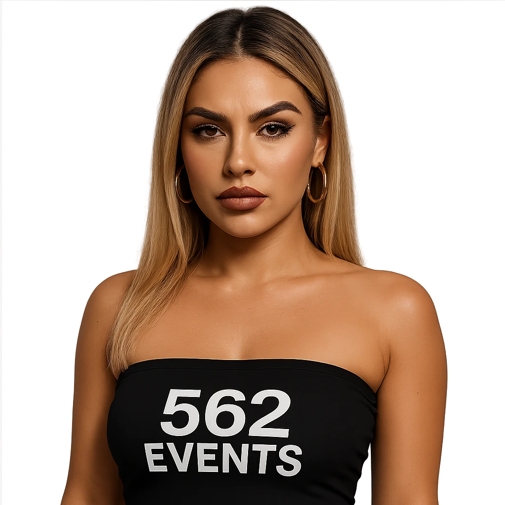 realistic baddie with blonde hair, wearing a black tube top with '562 Events' written on it emoji