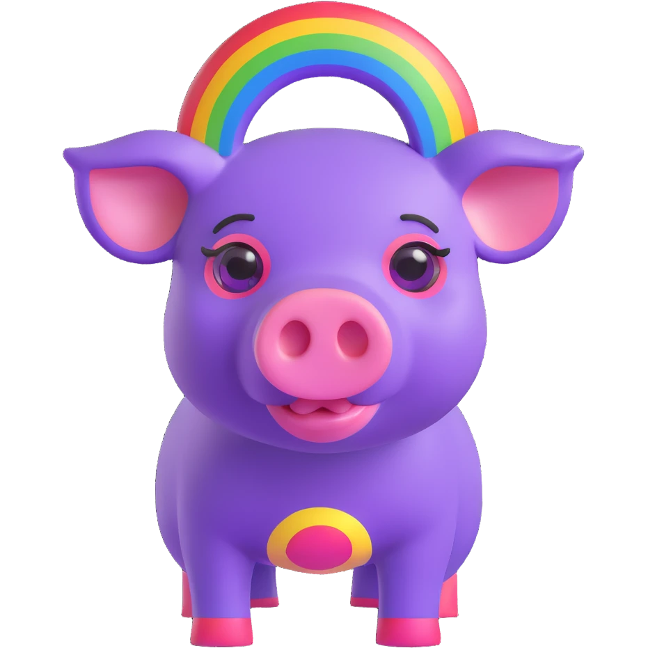 purple cyborg pig with a rainbow over her head, 3D cartoon style emoji