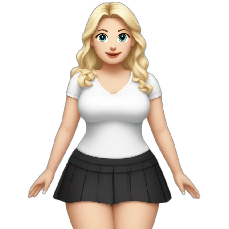 Front view full body curvy caucasian beauty sitting straight hands up black skirt white knickers white socks emoji
