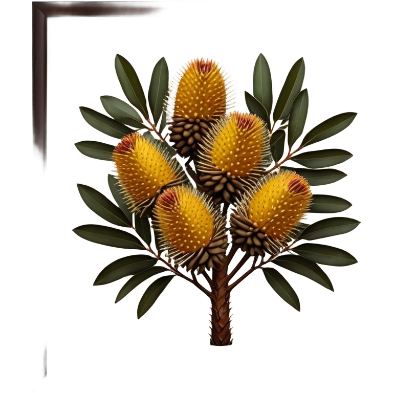 Cinematic Realistic Banksia Emoji, Bold and striking, with spiky, cylindrical flower heads covered in rich golden hues. The leaves are thick and leathery, adding a sense of strength to this unique and iconic tree. Soft glowing outline, capturing the essence of Australian ruggedness and floral beauty in a distinctive banksia tree! emoji