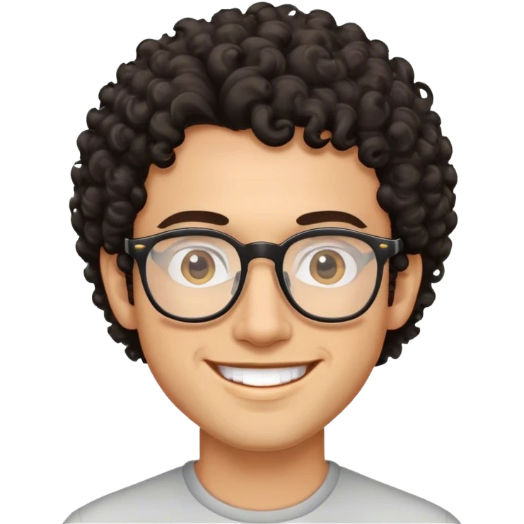 a man with dark curly hair and thin rimmed glasses smiling emoji