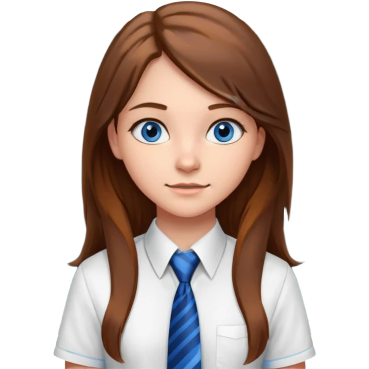 high school class room with a blackboard, with a pretty female high school student with long brown hair, blue eyes, wearing a tie emoji
