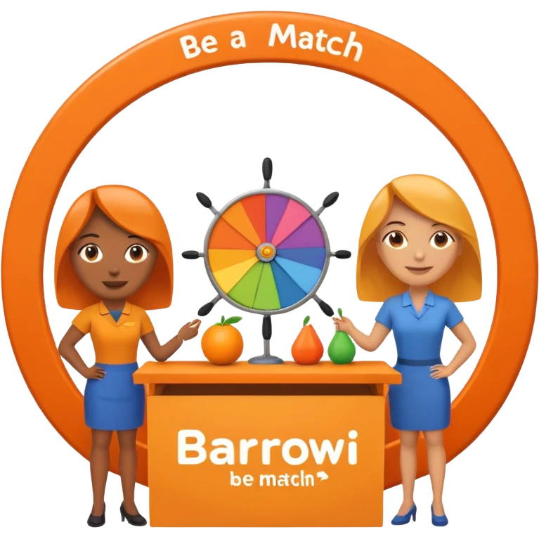 emoji of a recruitment booth. Two cartoon figures stand behind an orange table with 'MARROW, be a match' branding, a colorful spinning wheel, and a branded vertical banner. Simplified and cute emoji