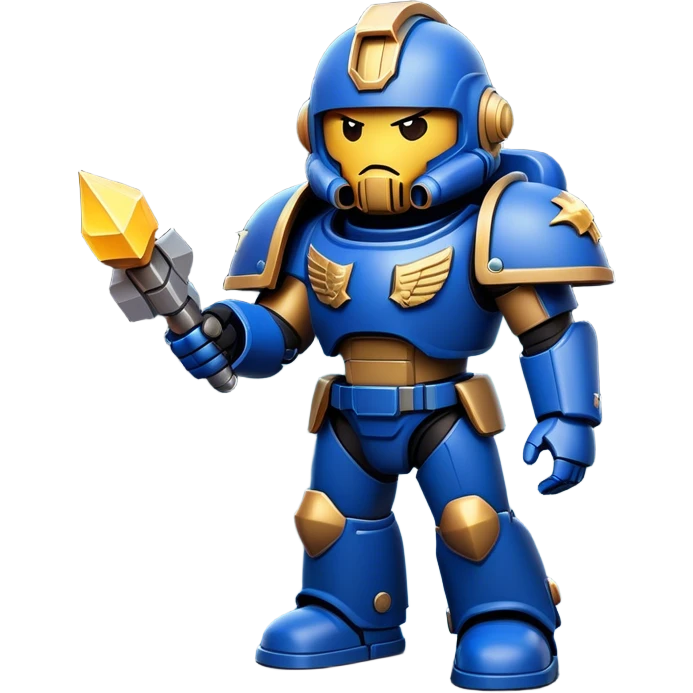 Clash of Clans aesthetic: Cinematic Playful Space Marine Hero Emoji, rendered in a 3D vector-style similar to standard emojis with minimal shading and bold, simplified shapes. A compact, heroic isometric figure clad in futuristic power armor with signature energy accents, softly glowing with a cosmic battle charm. Simplified yet unmistakably iconic, highly detailed and consistent, glowing with a soft radiant shine and high gloss. Stylized with a touch of interstellar valor and a soft glowing outline, capturing the essence of an elite space warrior with a friendly, playful manner! emoji