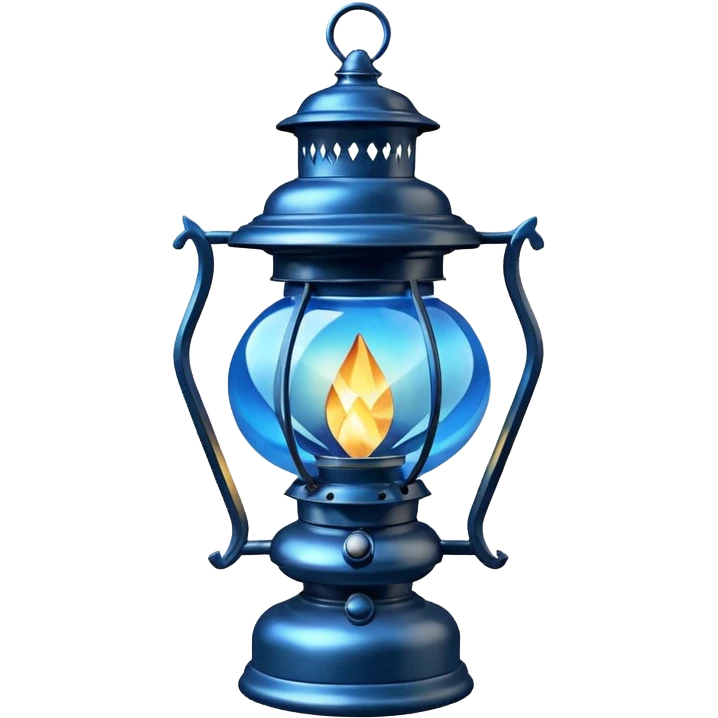 Silvery metallic shiny alloy dark ominous floating diamond-shaped old antique lantern lamp with a magical will-o-wispy glowing blue flame inside it  emoji
