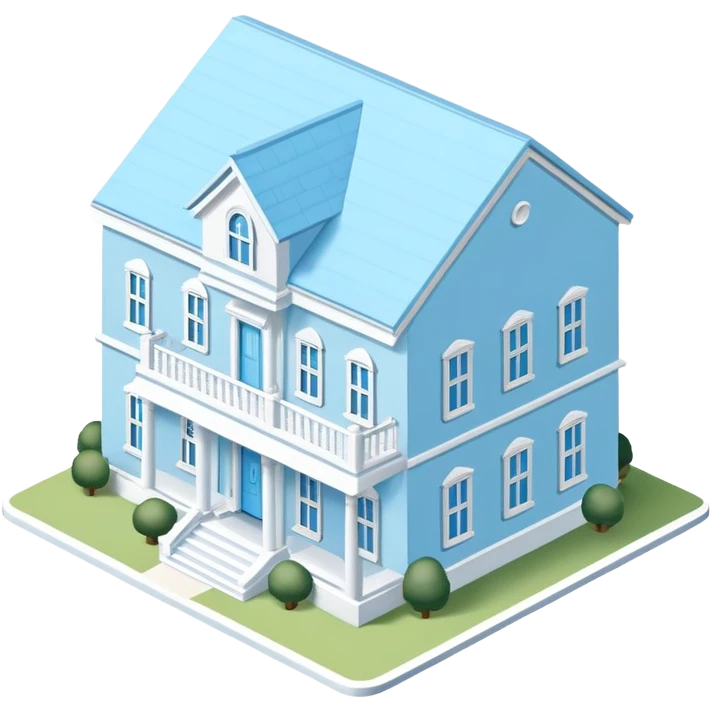 Light blue sorority house mansion, southern, isometric dollhouse-style, realistic emoji
