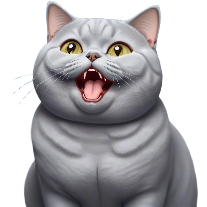 Cinematic Comical Grey British Shorthair Cat Portrait Emoji, Head tilted dramatically while yawning exaggeratedly, round and plump body with sleek soft grey fur and subtle blue undertones, Simplified yet hilariously adorable features, highly detailed, glowing with an almost sarcastic glow, high shine, a mix of lazy and disinterested, stylized with a touch of playful whimsy, bright and alert but with a hilariously bored expression, soft glowing outline, capturing the essence of a mischievous yet overly dramatic kitty, so meme-worthy it feels like it could leap off the screen and sarcastically demand attention, perfect for the internet's next viral meme! emoji