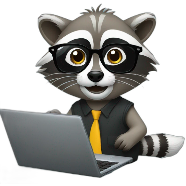 racoon wearing glasses working on a black laptop emoji