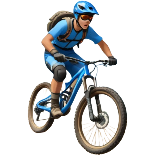A thrilling downhill mountain biking scene! A rider in full gear speeds down a steep rocky trail, kicking up dust. The rugged mountain landscape surrounds them, with towering peaks, evergreen trees, and a bright blue sky. The rush of adventure is in the air. Transparent background. emoji
