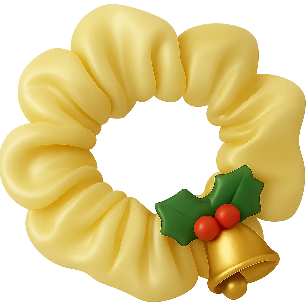 Add small holly leaves and berries next to the Christmas bell charm on the pastel yellow silky scrunchie, keep the 3D emoji style and shimmer effect. Remove the background. The original style is 3D emoji style which does not support editing, so use a general style editor while respecting the 3D emoji look. emoji