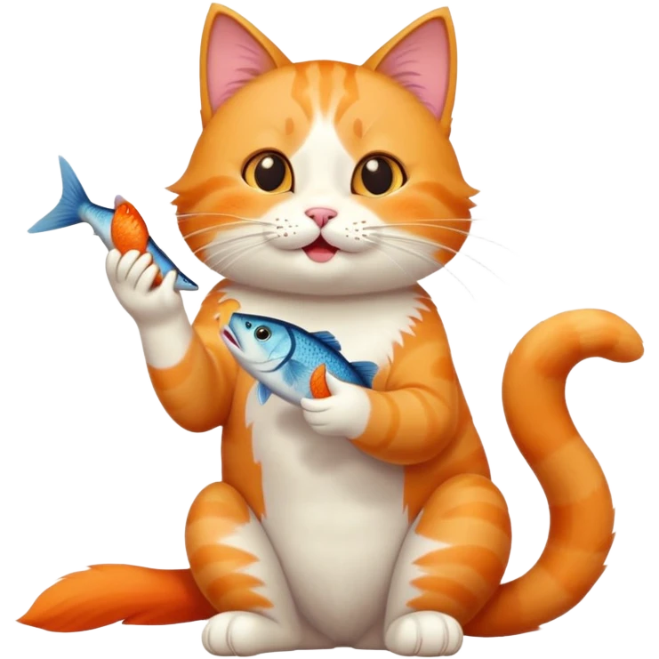 cat full body sitting eating a fish playful expression emoji