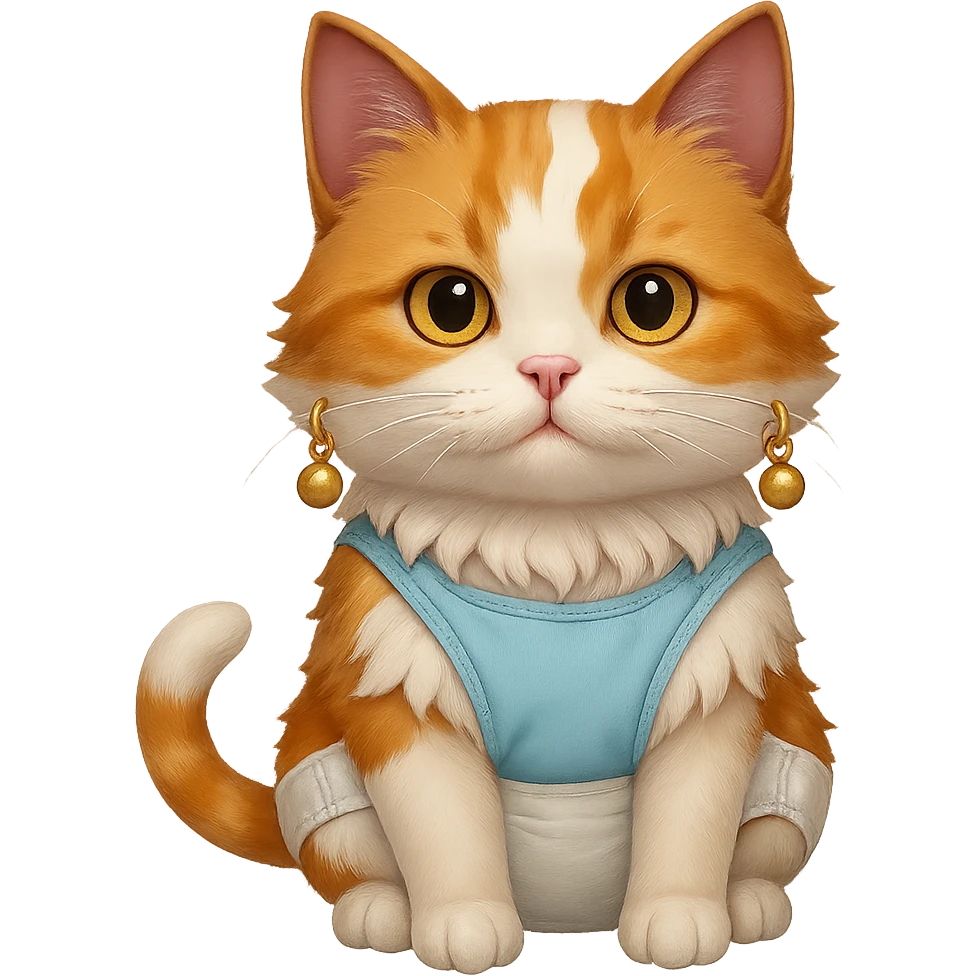 Add earrings to the cat with a visible diaper. Keep no background. emoji