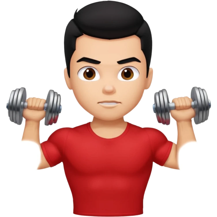 a pretty bratz boy with black hair and a red tshirt, big biceps picking up dumbells emoji