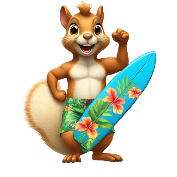 Squirrel surfing in crazy Hawaiian shorts while giving the thumbs up emoji