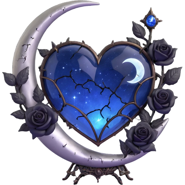 gothic heart, midnight blue glass, silver crescent moon, black roses, stardust, lightning, rain, cracked glass, steampunk style emoji