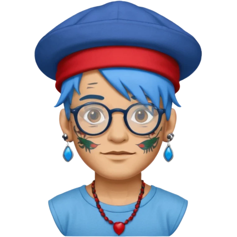unique looking tourist with big unique red tourist hat and earrings, man with lots of tattoes and spectacles, blue hair showing emoji