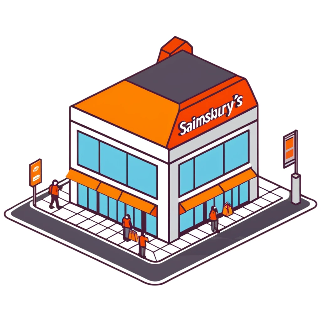 Isometric Sainsbury's Local smaller format store with orange facade, ATM outside, and pedestrians with shopping bags emoji