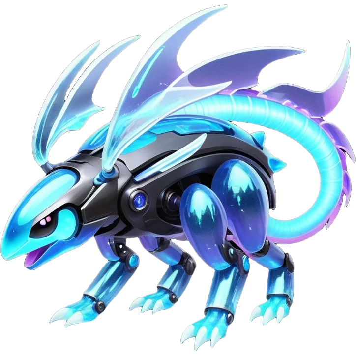  Epic legendary realistic rare glowing mechanical Shiny sparkly transparent bioluminescent luminescent vibrant bright pastel dark exotic iridescent colorful gradients futuristic modern metallic glossy glittery fantasy-cyber-Protogen-Fakémon-Pokémon-Vernid-creature emoji