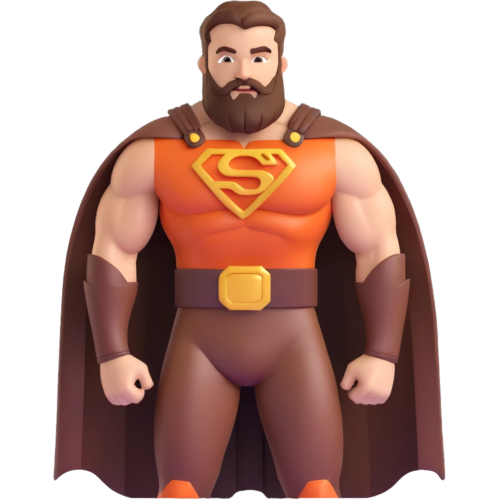 muscular superhero in brown and auburn costume, beard-shaped logo, comb-shaped belt, magnificent beard emoji