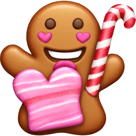 Pink gingerbread eating candy cane with hearts emoji