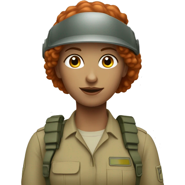 operator dressed in khaki color with a milatary helmet, without glasses, without headset, preferably curly redhead female emoji