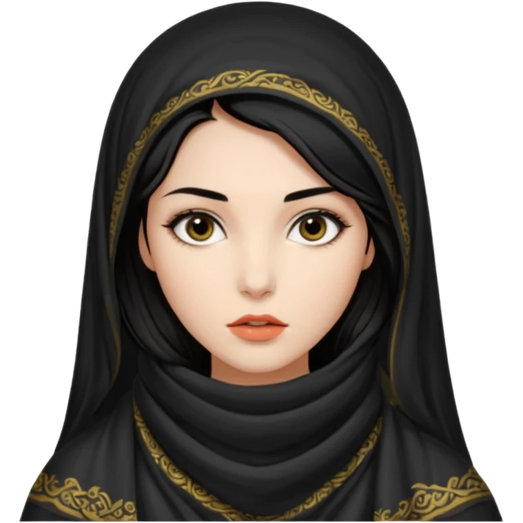 Apariencia: Mujer joven, morena, de gran belleza y porte misterioso.
-Rostro: Ojos grandes y negros, mirada intensa y fija; labios marcados.
-Cabello: Negro, largo y brillante, suele ir cubierto parcialmente por un velo o pañuelo oriental. Cuerpo conpleto emoji