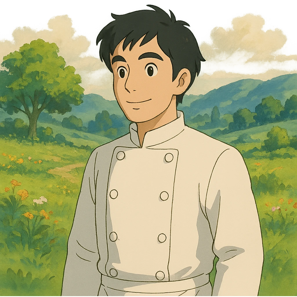 a man with black hair in a chef's suit emoji