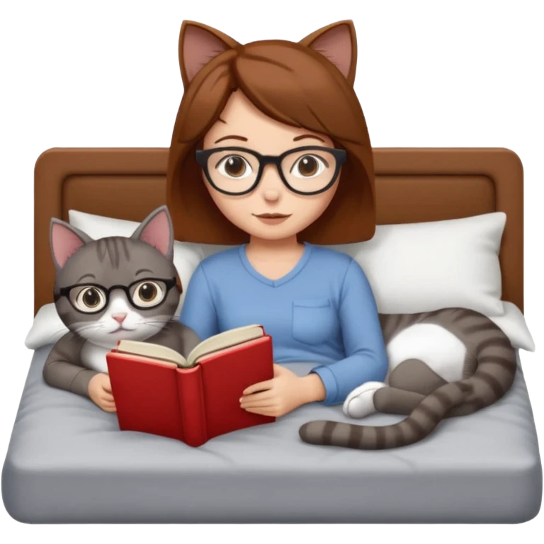 A girl is lying in bed. She has short chestnut hair styled neatly, is wearing glasses, and is reading a book. A grey cat is lying on her legs. The girl has no headband or ears, and the cat is not wearing glasses. emoji