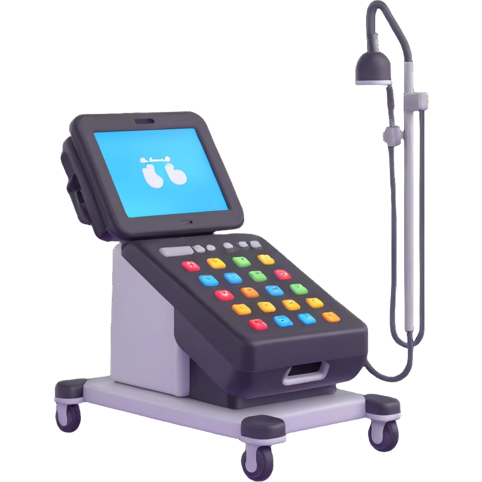 3D emoji-style ultrasound machine, with wheels and control panel, clean and professional emoji