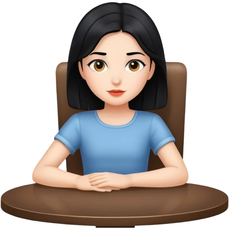 a girl sitting in a chair at a table with black hair  emoji