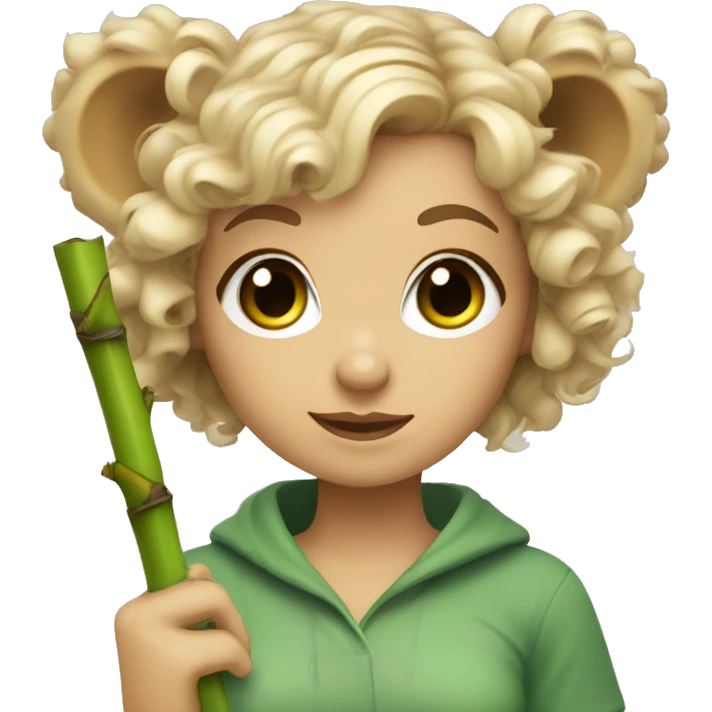 Girl with blonde curly hair and green eyes with koala ears holding bamboo stick  emoji