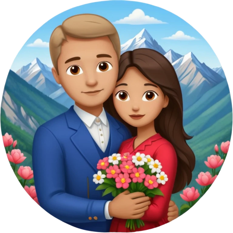 Hugging Couple traveling in Montenegro russian man and elegant  Latina girl delicate flowers and mountains in the background  emoji
