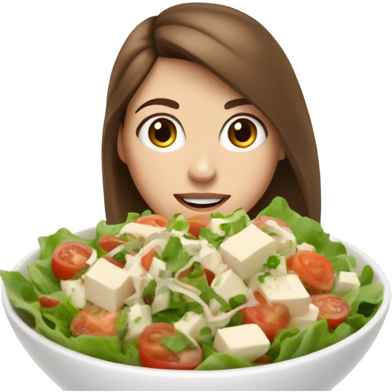 White girl Brown hair blue eyes freackles eating Tofu salad emoji