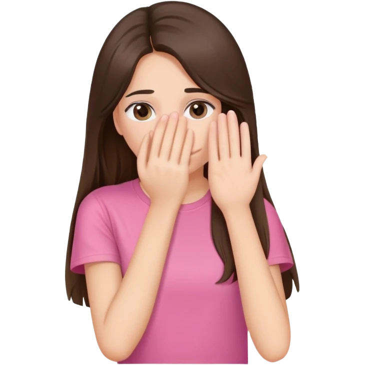 A brunette girl, long hair, fair skin tone, wearing a pink T-shirt, covers her face with her hand emoji
