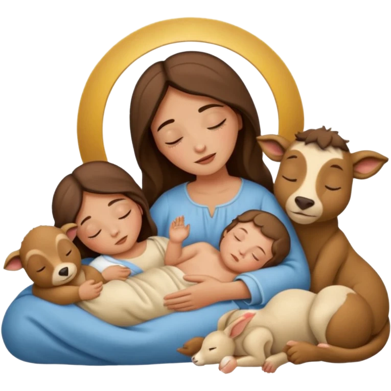 Femme Marie, homme Joseph, et le petit bébé Jesus, et les animaux font tous dodo emoji