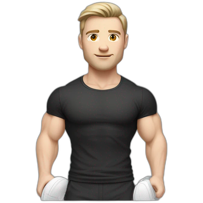 Idyll Pale skinned Fit Man With the biceps and dark brown hair in black shirt, gray sports shorts and white Sneakers emoji