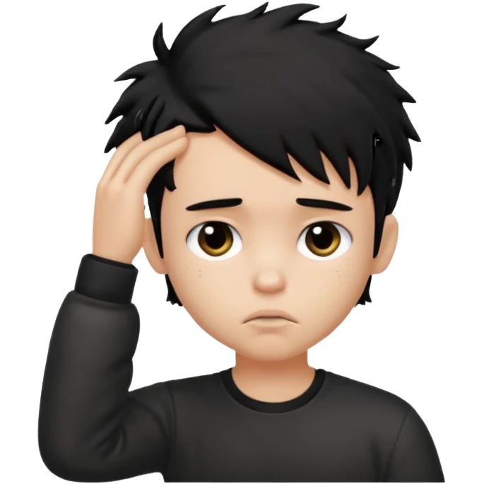 a PRETTY BRATZ boy with black messy hair, one hand on head. looking sad emoji