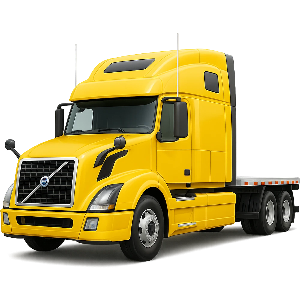 Add a flat bed trailer to the Volvo sleeper semi truck, front view. Keep the background transparent. The original style is emoji style, but emoji style does not support editing, so please maintain the look in a general style editor. emoji
