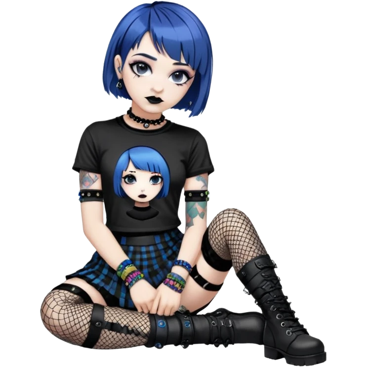 girl short blue hair goth makuep black lipstick black band tee fishnets and fishnet arm warmers beaded colorful bracelets black goth skirt combat boots emoji