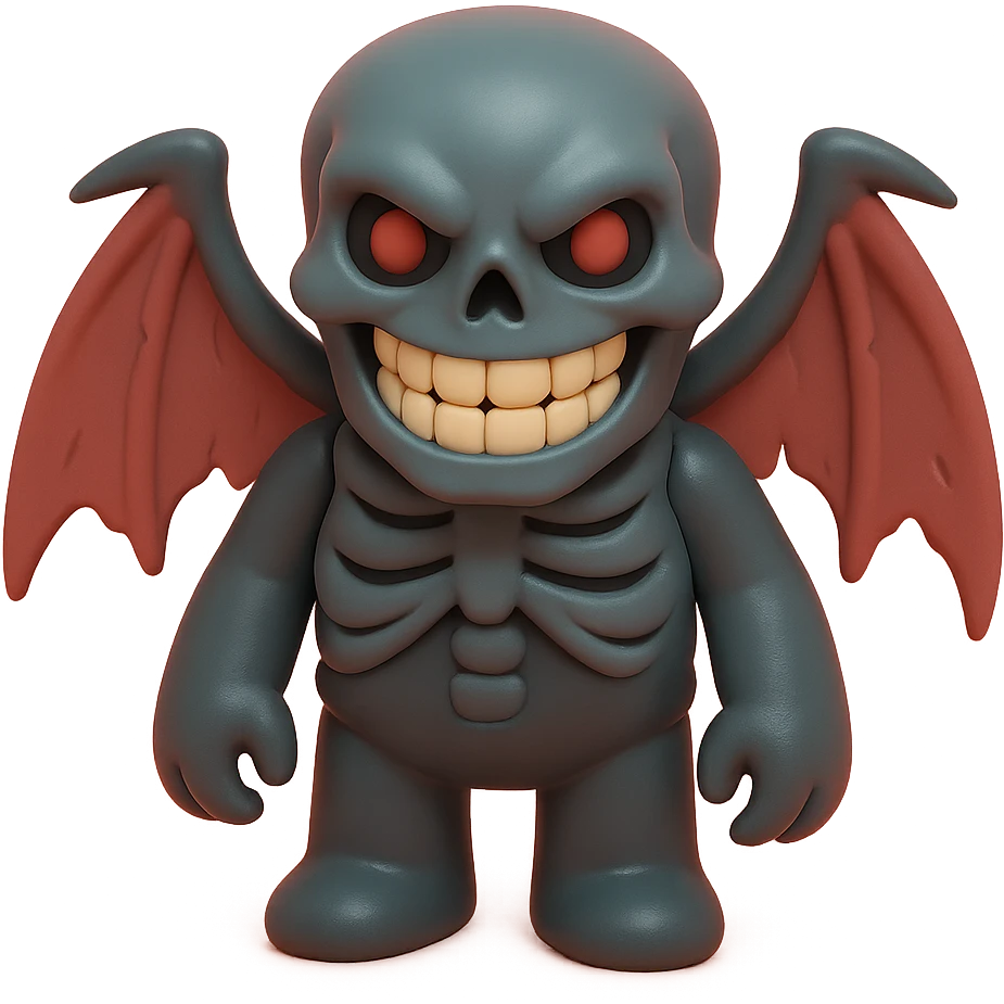 horrifying monster with skeletal features, tattered wings, sinister grin, dark red and black colors, vinyl figure style emoji
