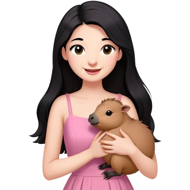 Perempuan muda cantik berkulit putih dan berambut hitam panajng sebahu (tidak terllau pendek) , memiliki Bulut mata lentik,mata berwarna hitam, memakai baju pink sambil mengendong capybara sambil tersenyum dan mengedipkan mata dengan imut emoji