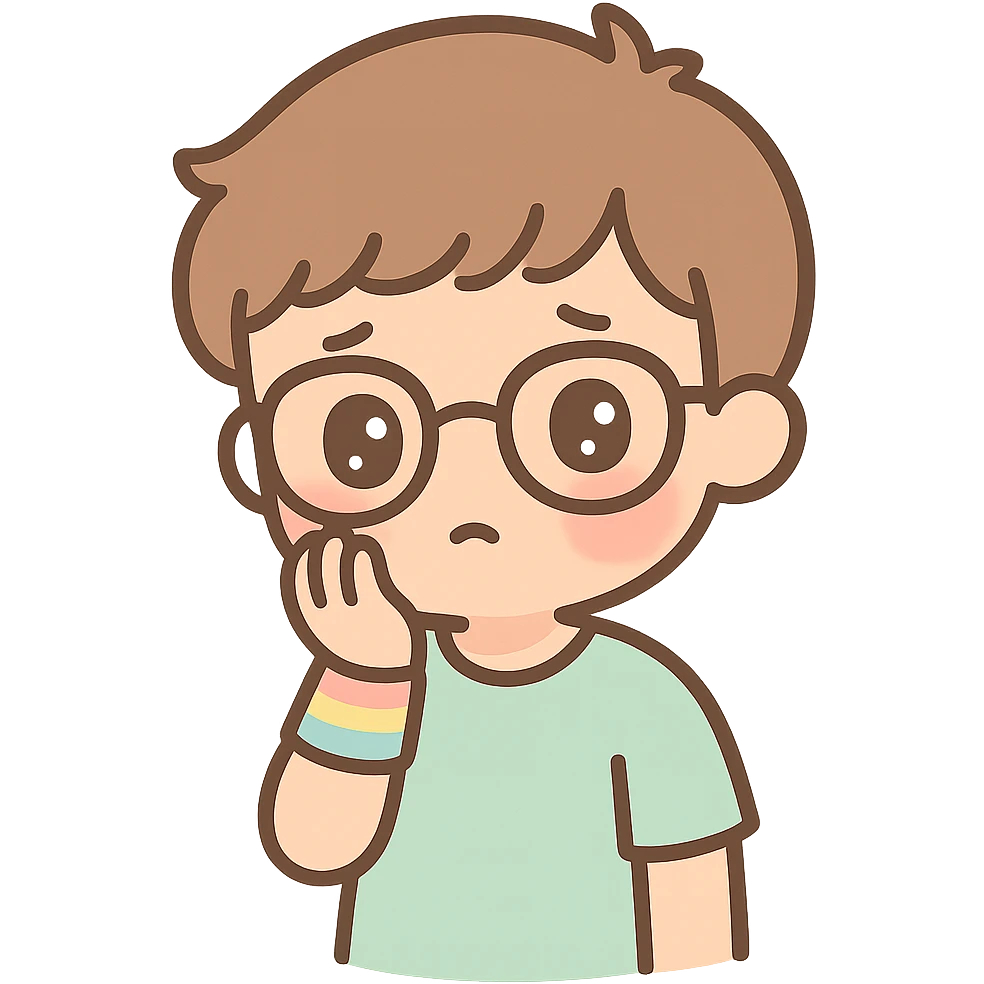 anime boy with glasses, rainbow wristband, shy expression, soft lighting, warm atmosphere emoji