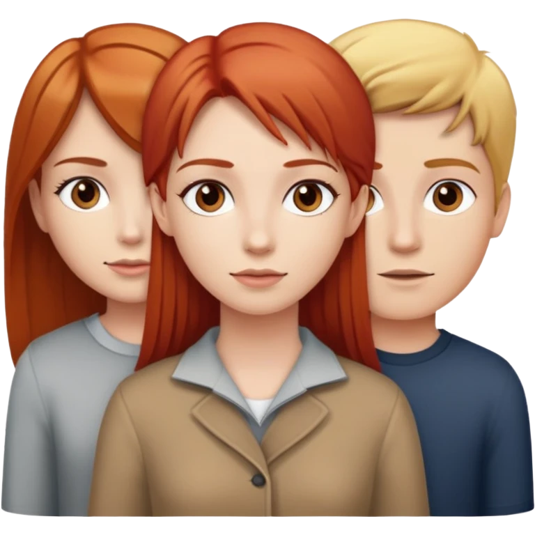 Chica con pelo rojo lacio y ojos café con dos niños, una niña rubia y un niño pelo café  emoji