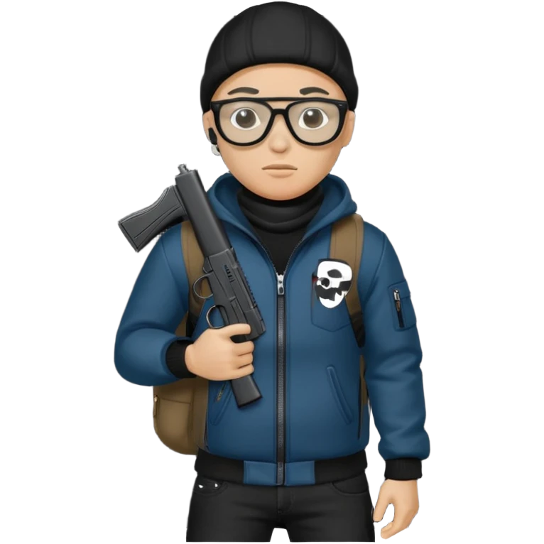 YN wearing a ski mask, holding a gun, all black fit, black jeans, Sprayground bookbag, confident stance, with glasses emoji