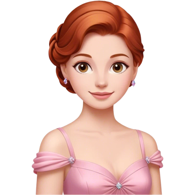 Cinematic Radiant Sleeping Beauty Portrait Emoji, rendered in a realistic, vector style with clean proportions. Show Aurora with a gentle smile, porcelain skin, and beautifully styled auburn hair, wearing her classic pink gown. The image glows with a soft, inviting radiance and high shine, accentuated by a soft glowing outline that enhances her graceful charm. emoji