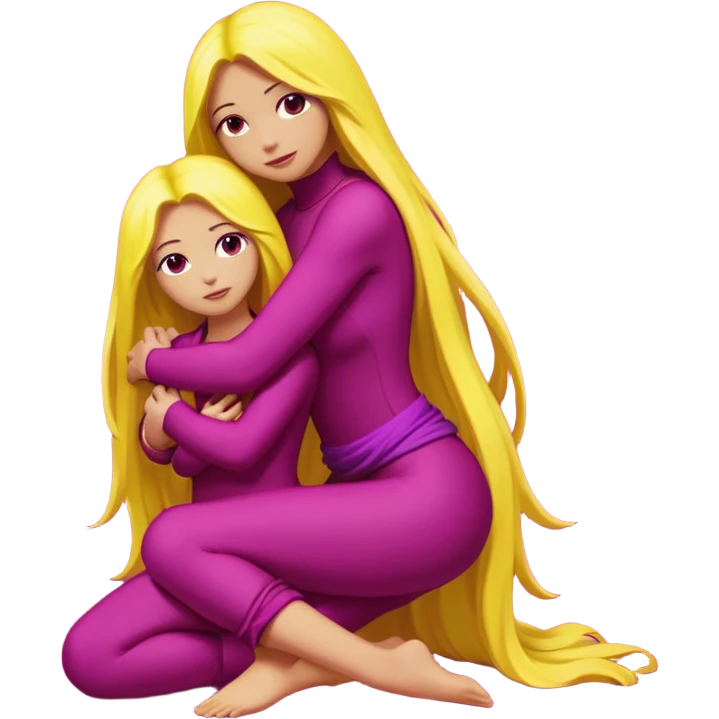 One figure is dark magenta and is kneeling.
	•	The other figure is yellow with long hair and is being held, with their arms around the magenta figure’s neck.
	•	The yellow figure’s legs wrap around the magenta figure’s waist, suggesting a close, intimate embrace. emoji