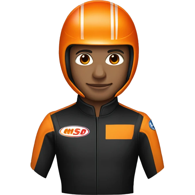 Head and shoulders of a race car driver wearing a black suit with orange stripes and a black helmet with an orange design  emoji